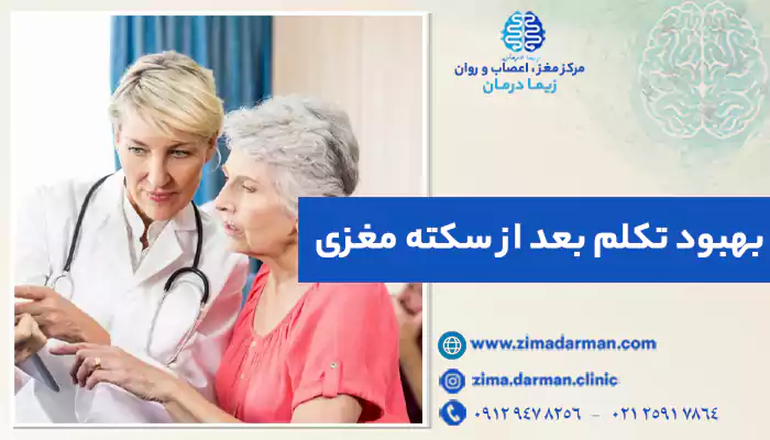 یک خانم مسن در حال تمرین بهبود تکلم بعد از سکته مغزی با کمک یک پزشک متخصص
