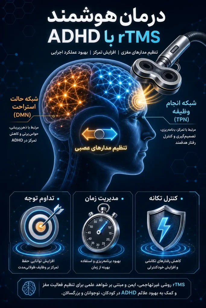 اینفوگرافیک درمان بیش‌فعالی بزرگسالان با rTMS | درمان ADHD بدون دارو در بزرگسالان