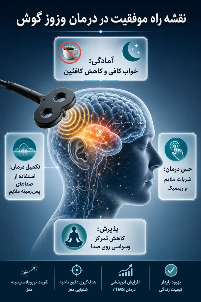 اینفوگرافیک درمان وزوز گوش (تینیتوس) با rTMS | آر تی ام اس برای صدای گوش